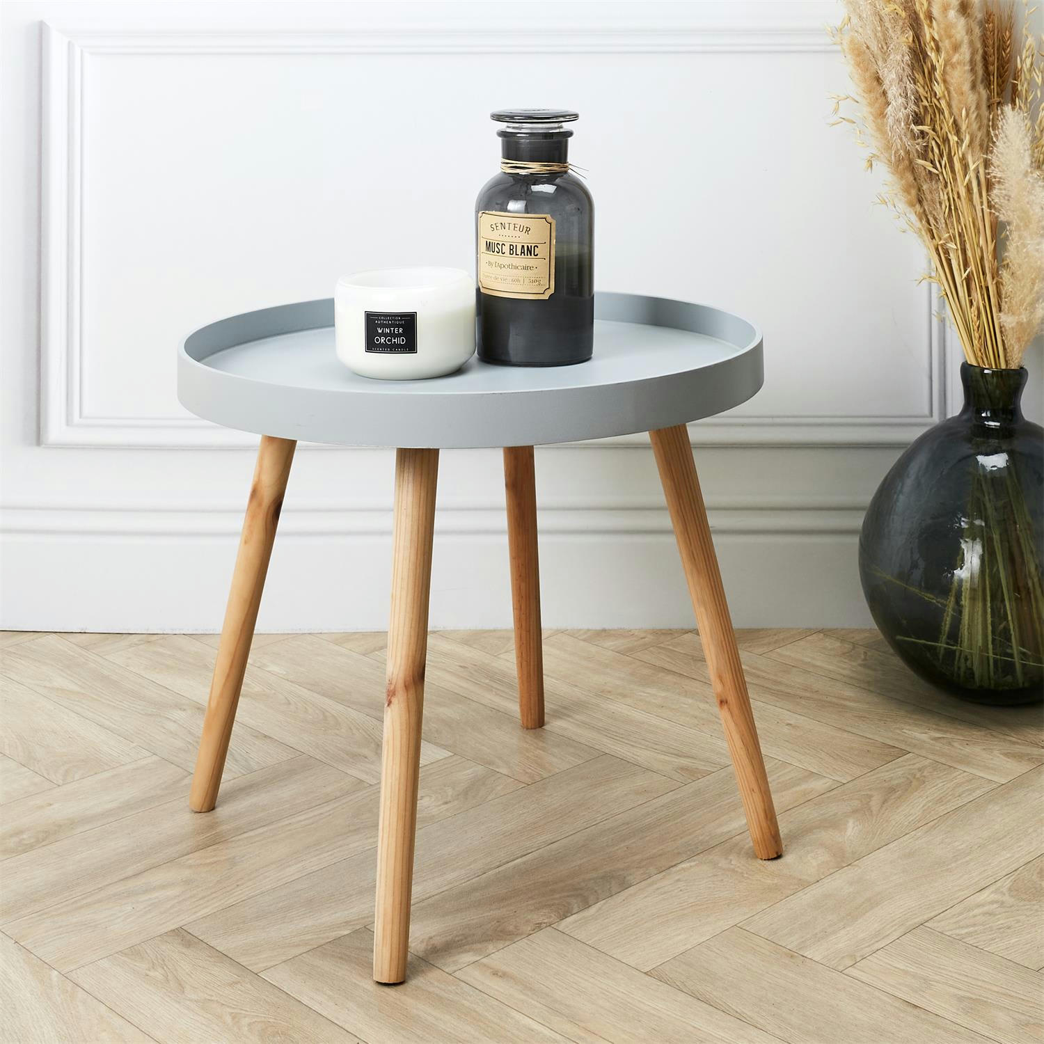 - Table d'appoint ronde avec plateau gris