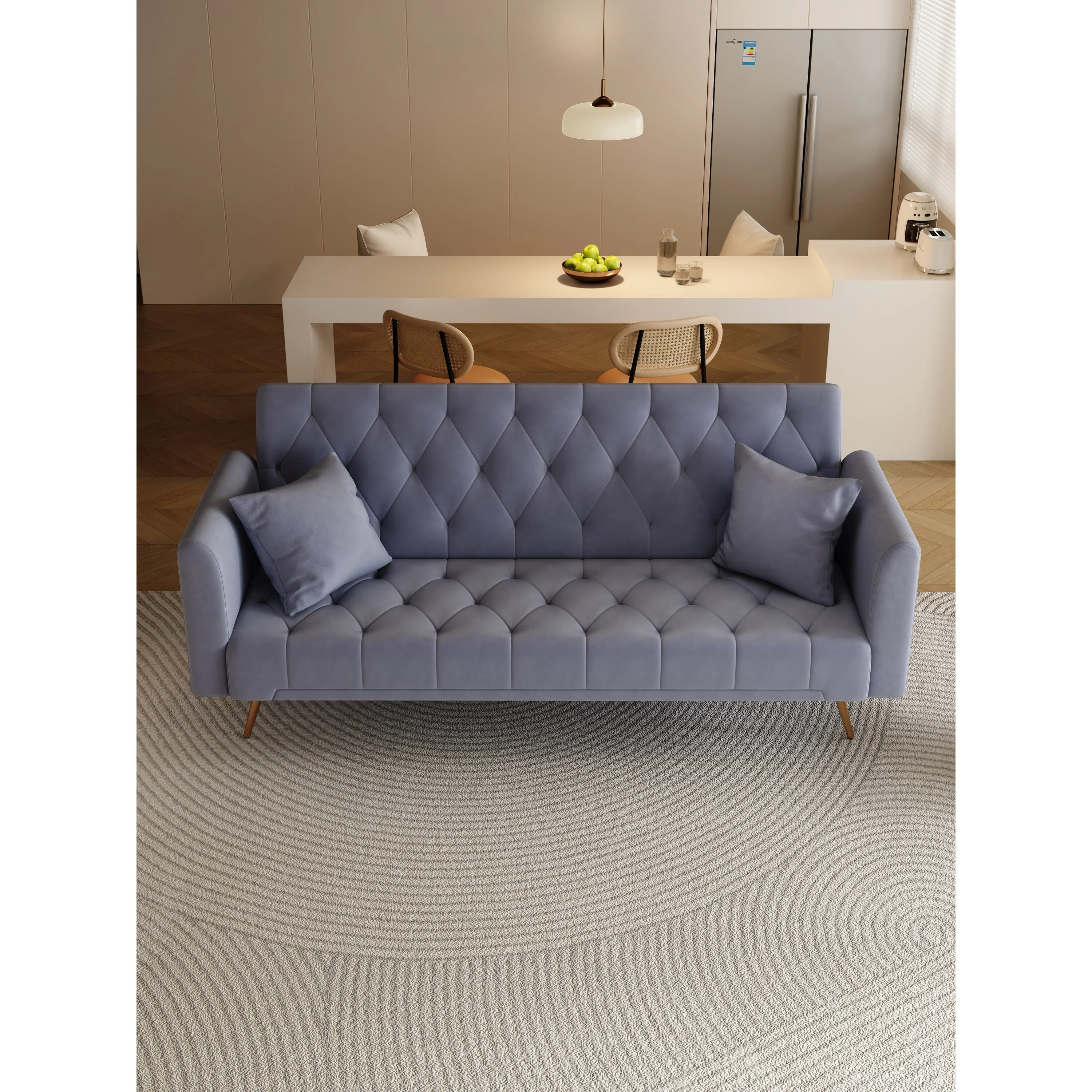 Gray 71 Velvet Convertible 3-seater Sofa Bed with Two Throw Pillows and Metal Legs for Living Room