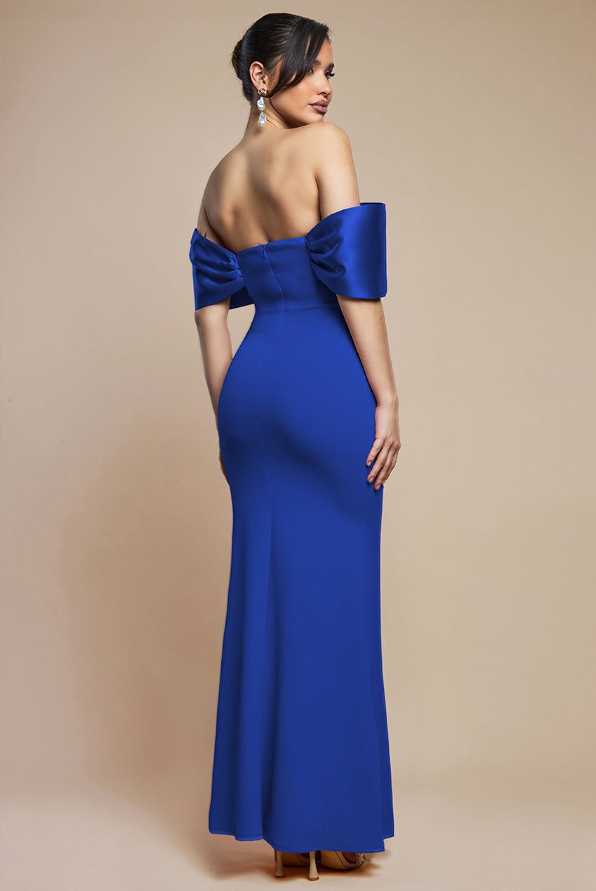 Goddiva Twist Knot Satin & Scuba Bardot Maxi Dress