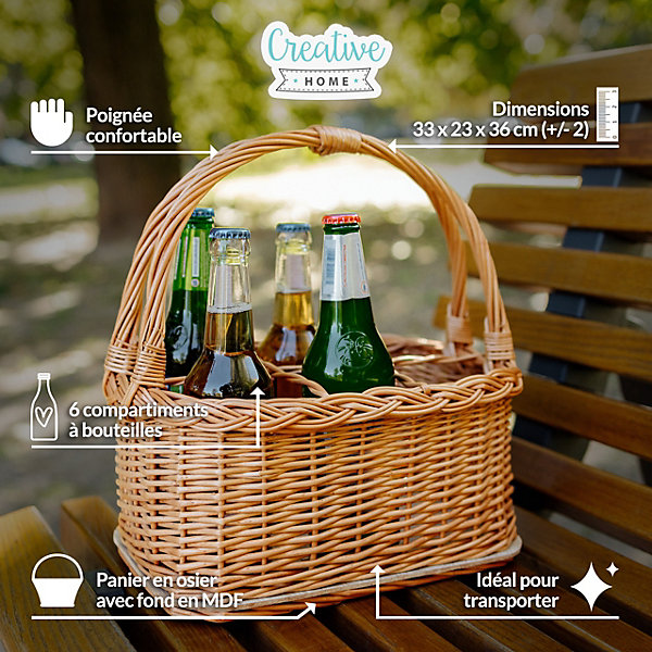 Creative Home Panier à Bouteilles en Osier 6 Compartiments - 33x23x36cm ( /- 2 cm) - Tissé à la Main - Sac de Transport avec MDF