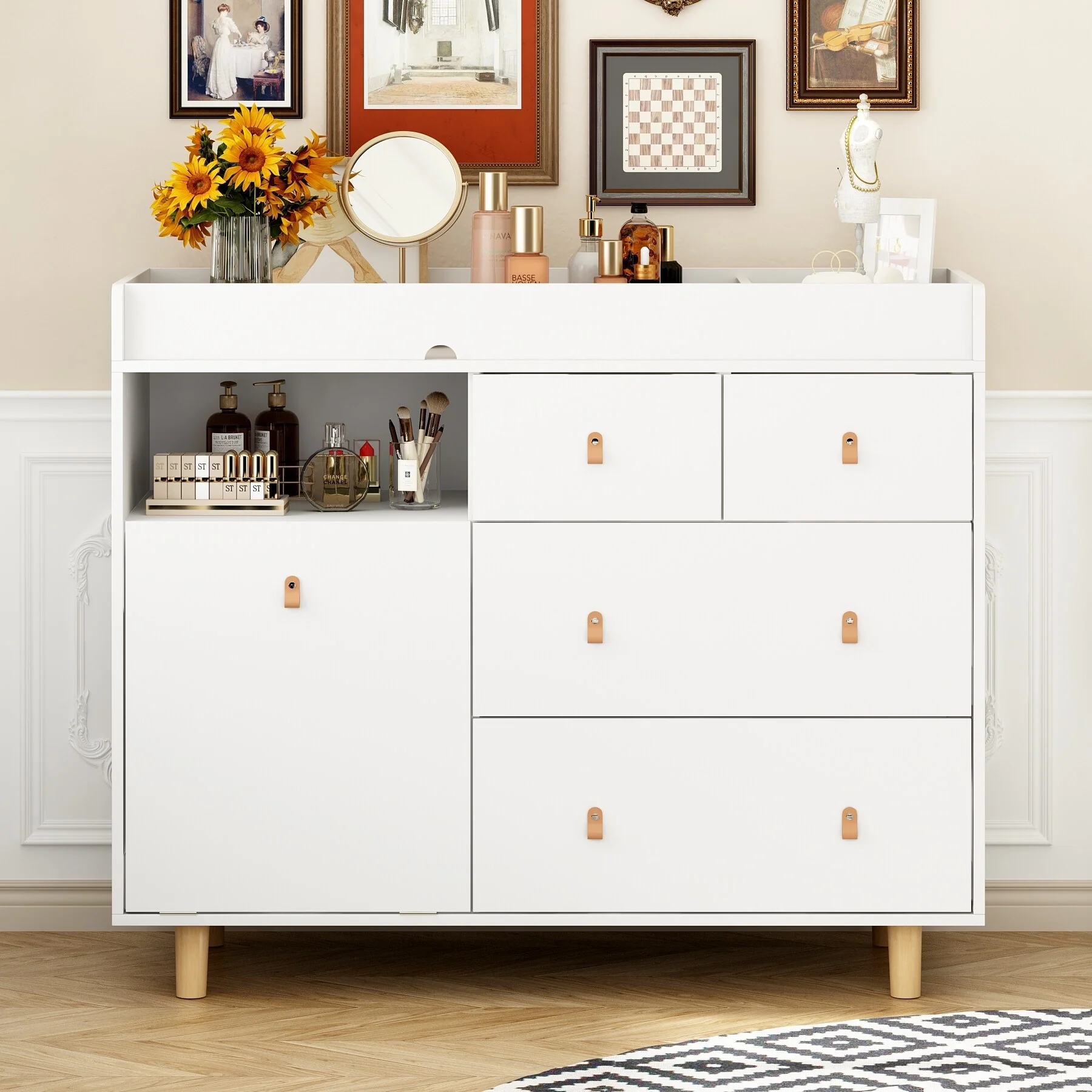 White Nursery Storage Dresser Chest with Changing Table Top,5 Drawers
