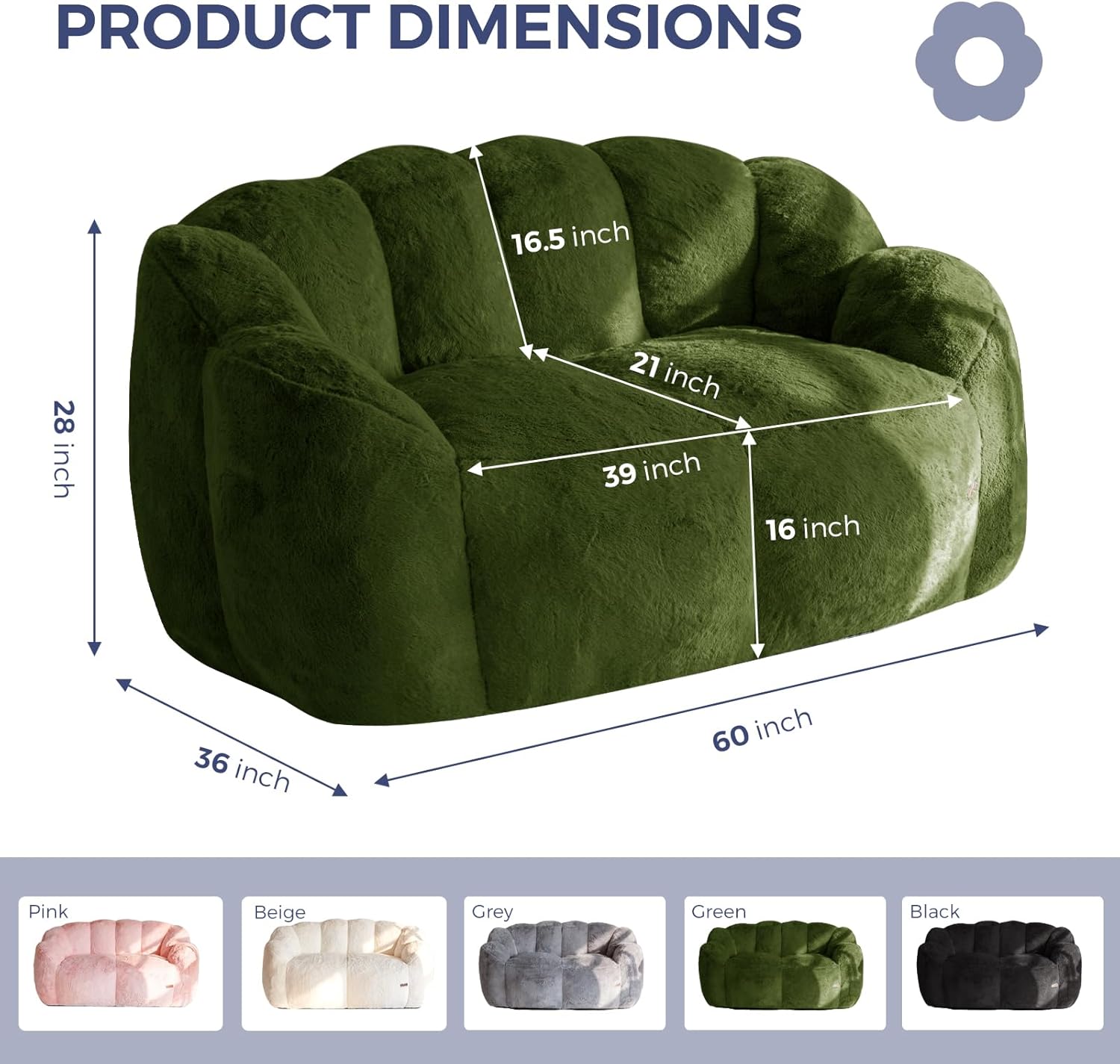 MAXYOYO Bean Bag Chair for Adults, Loveseat Floral Shaped Bean Bag Sofa, Ultra Soft Love Seat Mini Sofa Couch, Faux Fur Reading Chair for Living Room Bedroom, Green