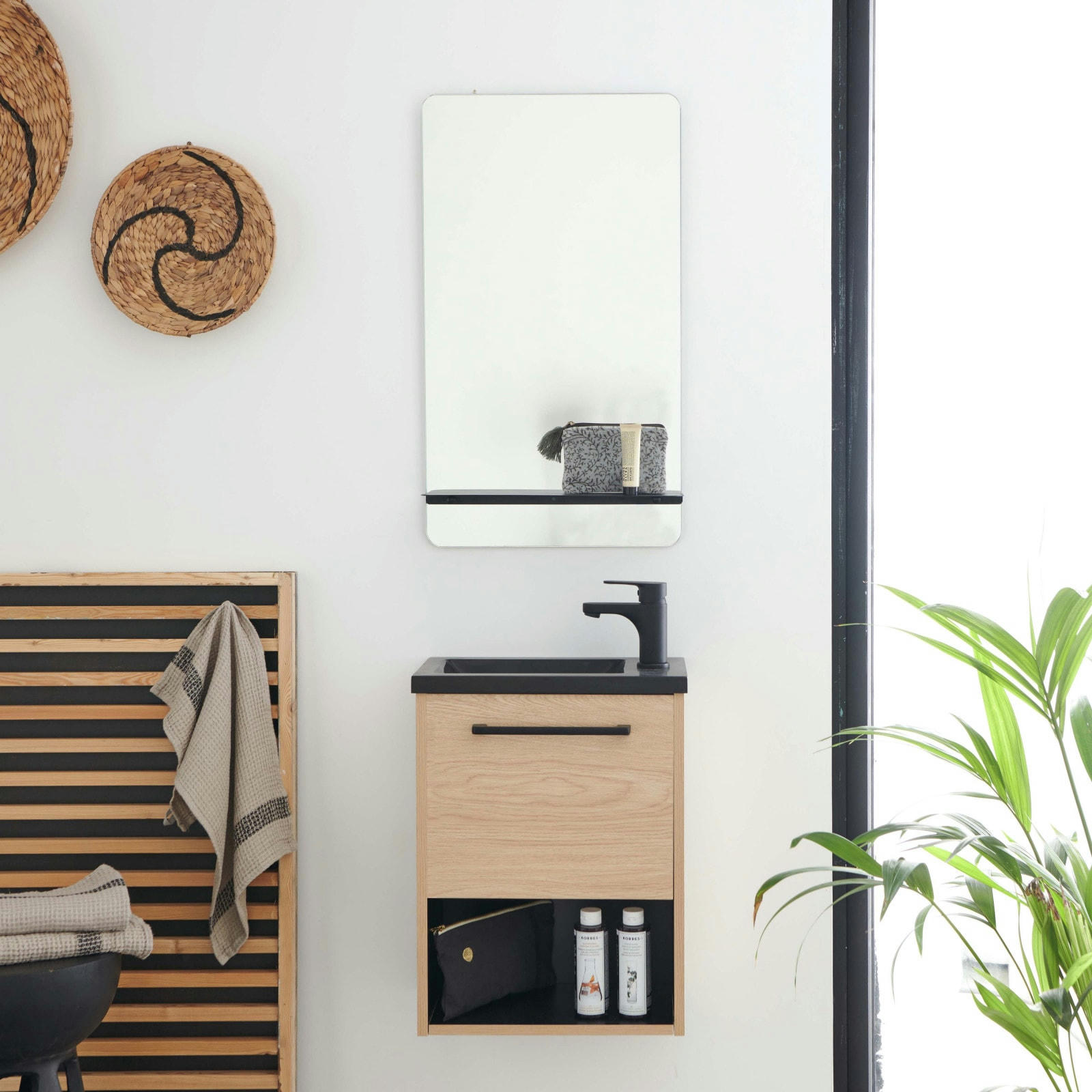 NIKA - Meuble lave-mains  Décor chêne intérieur noir + robinet + miroir