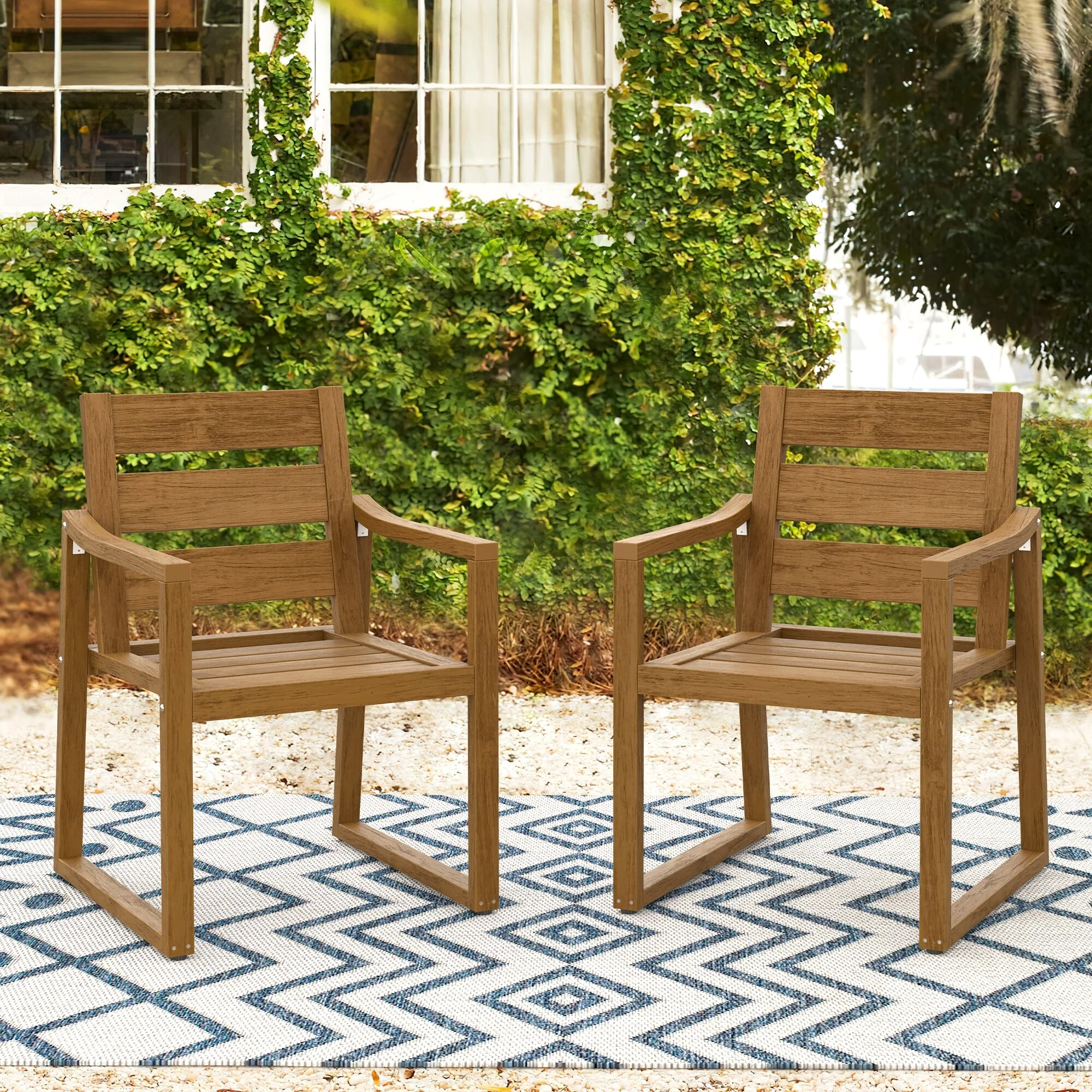 All-Weather Set of 2 Outdoor Armchair with Curved Back Plastic Wood Patio Dining Chair