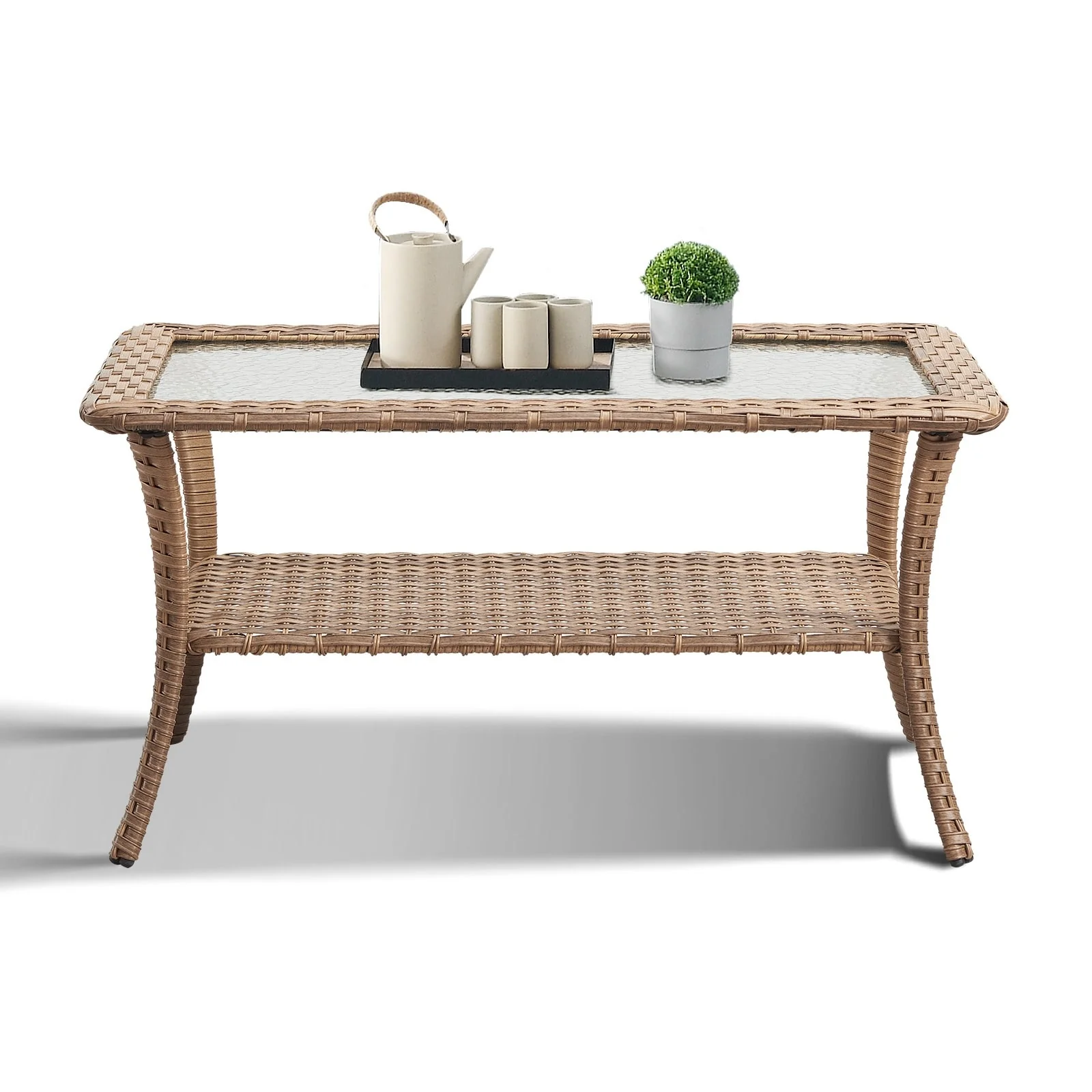 Outdoor Wicker Coffee Table with Glass Top