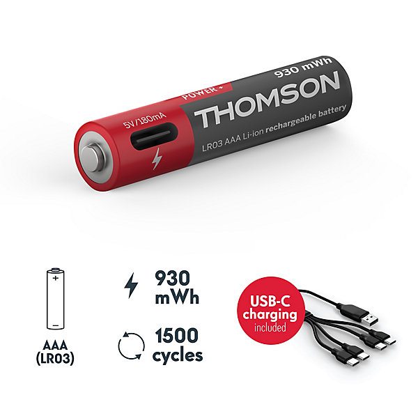 Lot de 4 Piles AAA - LR03 Li ion 1,5V rechargeables par USBC avec câble multi USB - 520302 Thomson