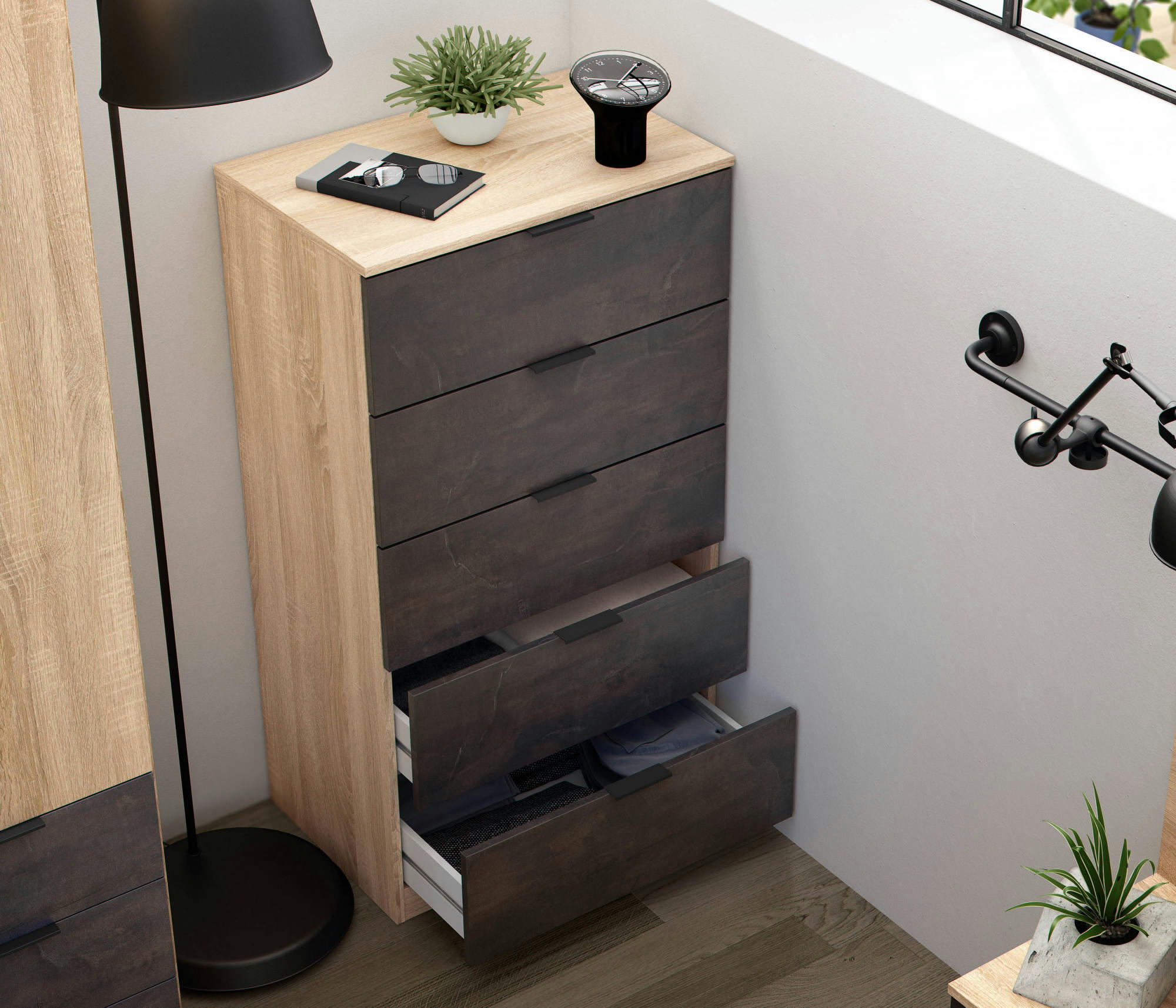 MESQUITE - Commode 5 tiroirs effet chêne et bois anthracite