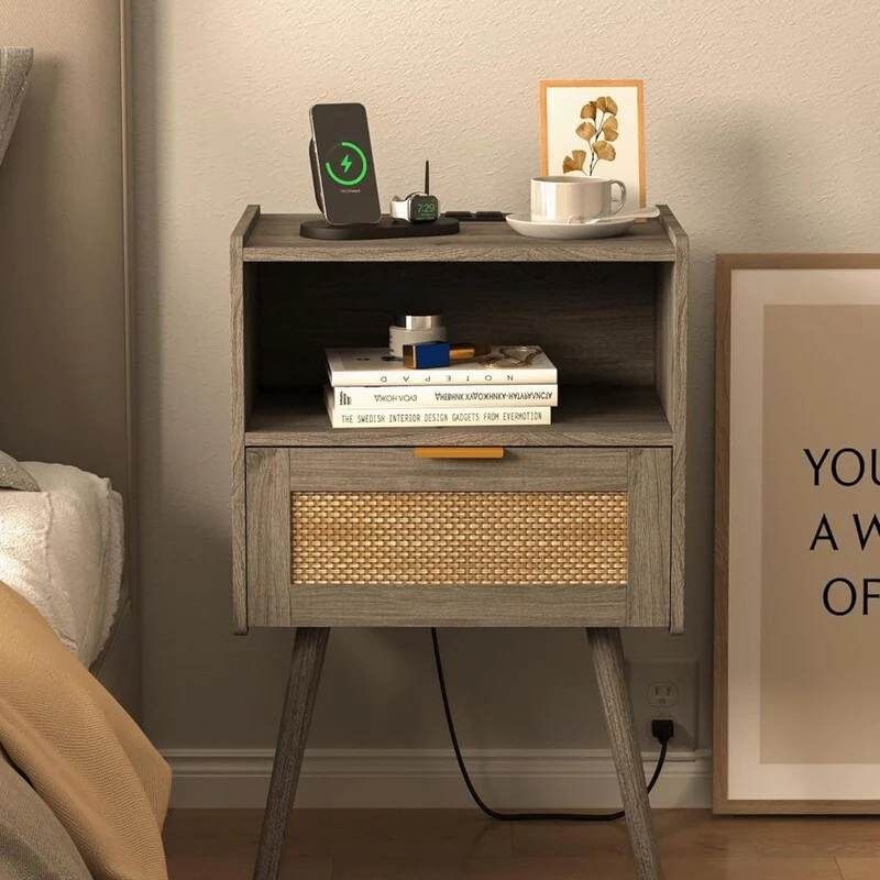 Rattan Nightstand with Outlet, Modern Nightstand with Storage Drawers and Open Wooden Shelf