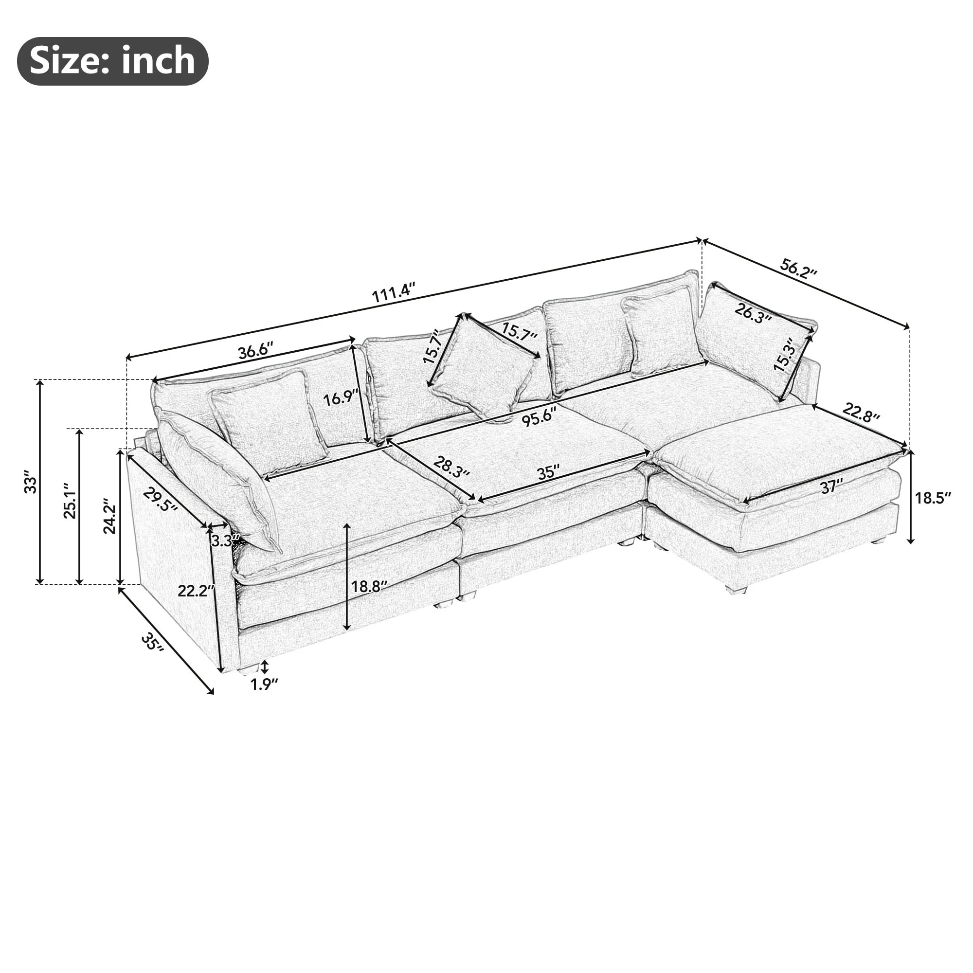 111.4 L-Shape Chenille Upholstered Sectional Sofa with Ottoman, 5 Pillows