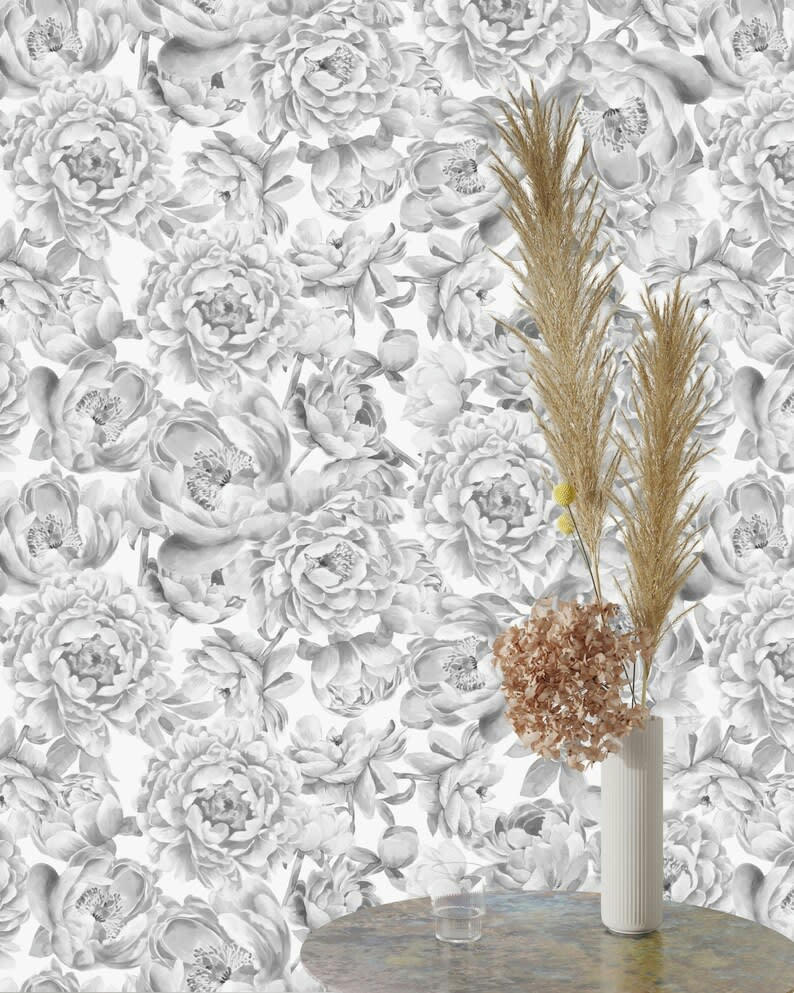 FLOREALI - Papier Peint Pivoines Noir et Blanc 250x200 cm