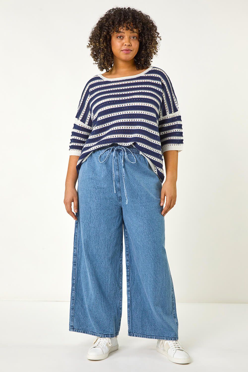Roman Curve Tie Waist Denim Wide Leg Trouser