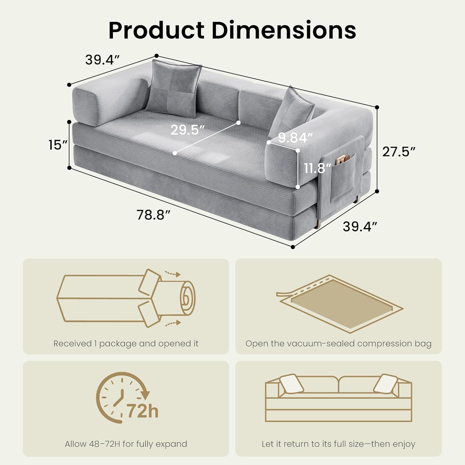 78.8 Convertible Futon Sofa Bed,Corduroy Futon Couch with Storage Pocket,Folding Pull Out Sofa,No Assembly Boneless Couch for Living Room,Grey