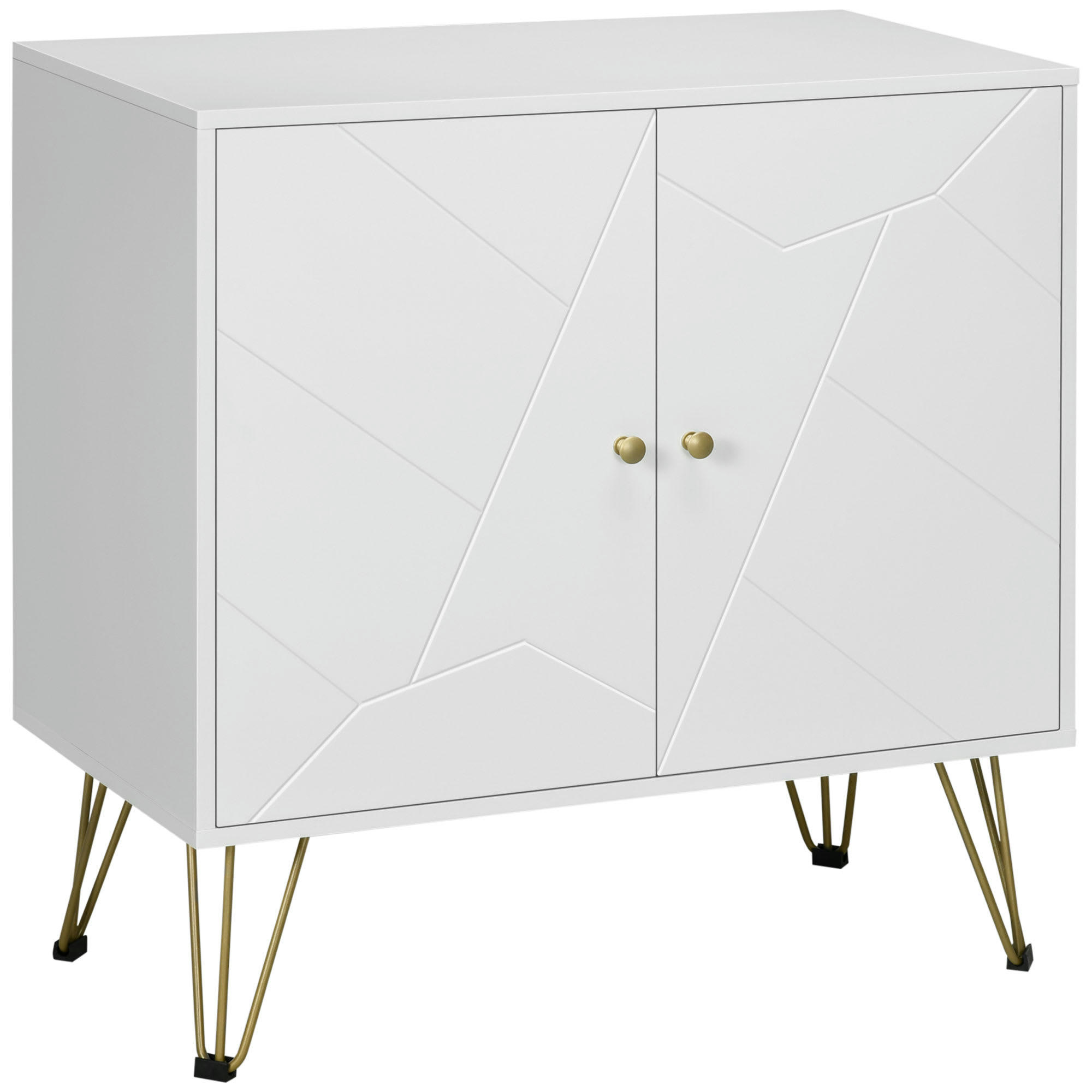 - Buffet 2 portes 2 étagères style Art déco graphique métal doré blanc