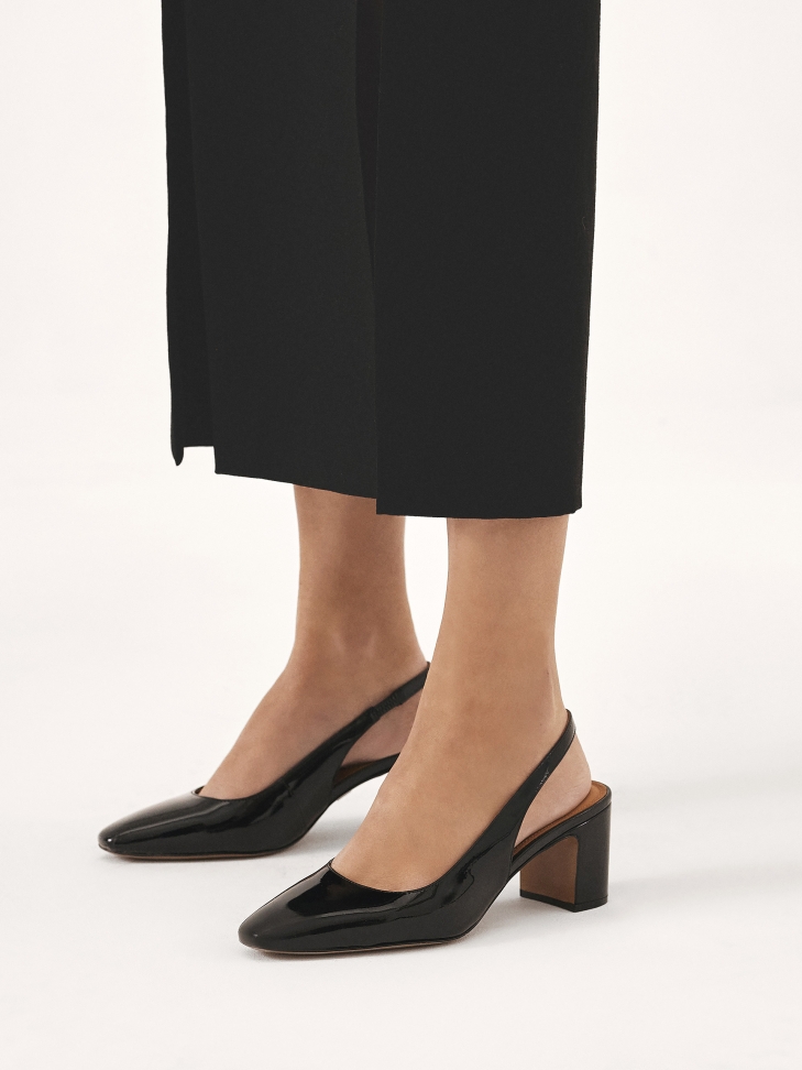 Patent leather post pumps with exposed heels