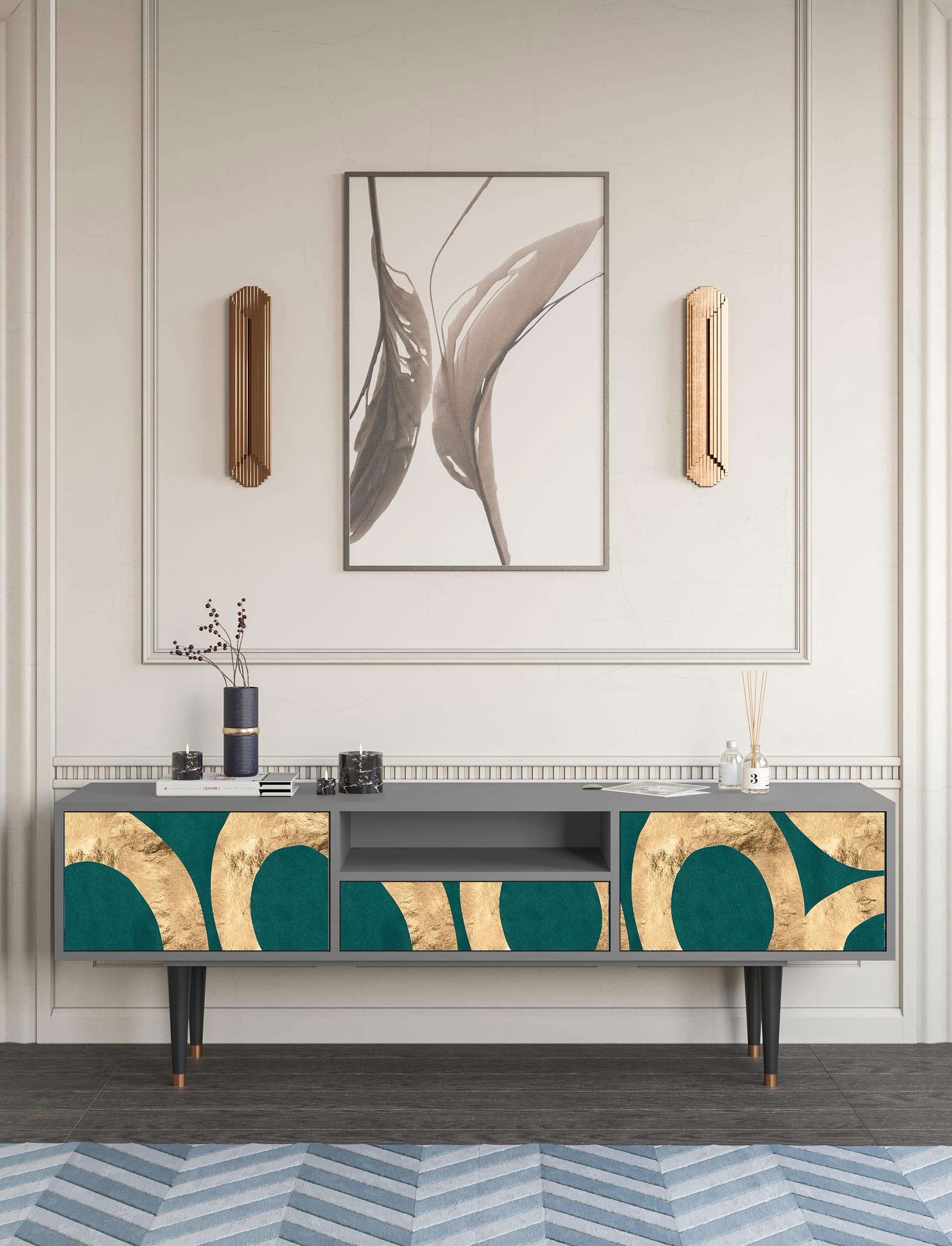 ZIRCON SPHERE - Meuble TV  bleu-vert 1 tiroir et 2 portes L 170 cm