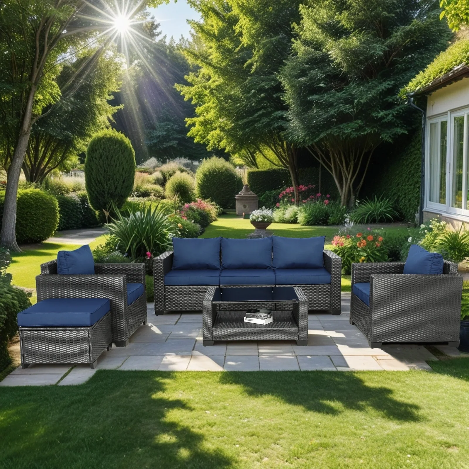 7-Piece Wicker Outdoor Sectional Set with Cushions and Table