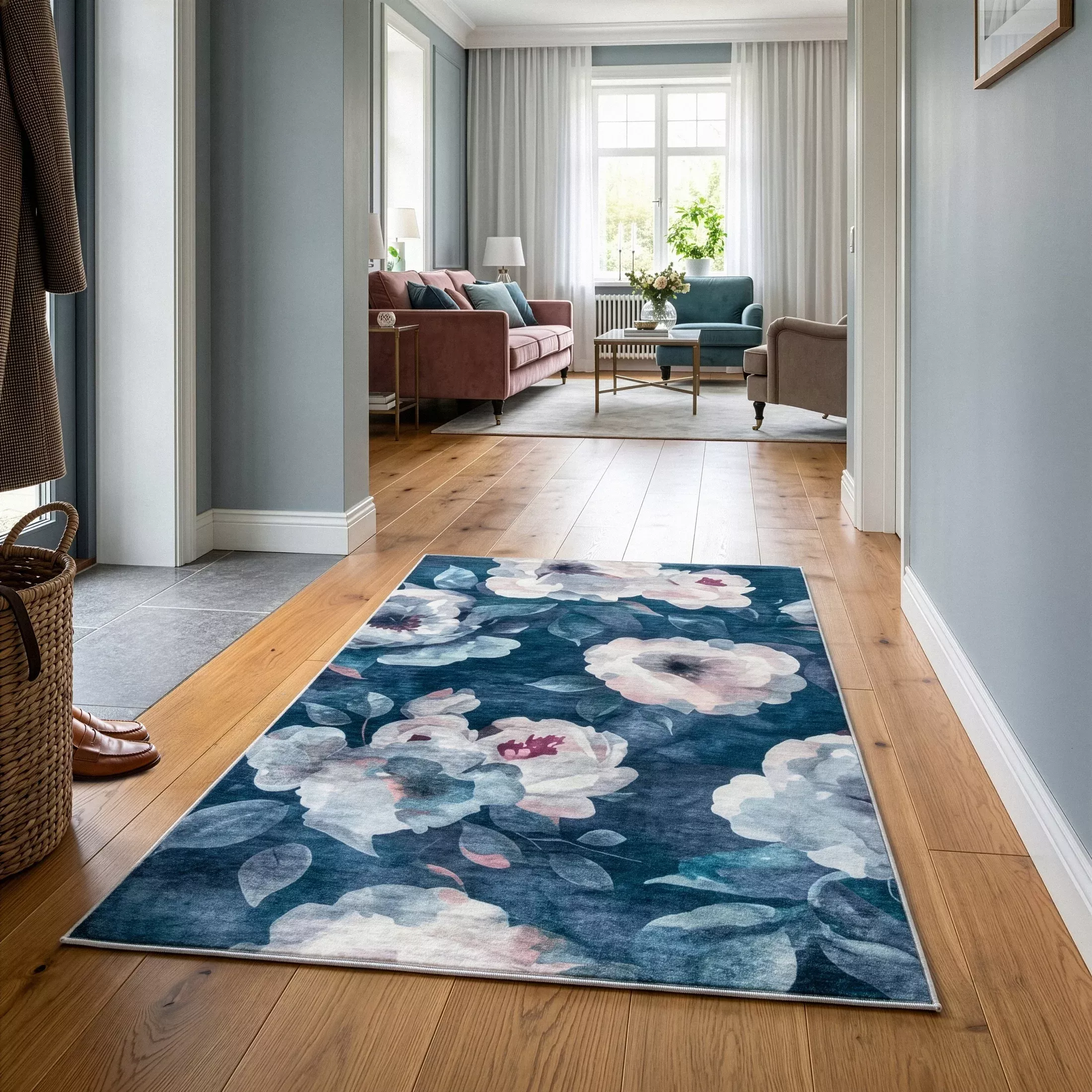 Dywan 80x140 cm ciemnoniebiesko, pudrowy z motywem kwiatu róży LOTUS 5