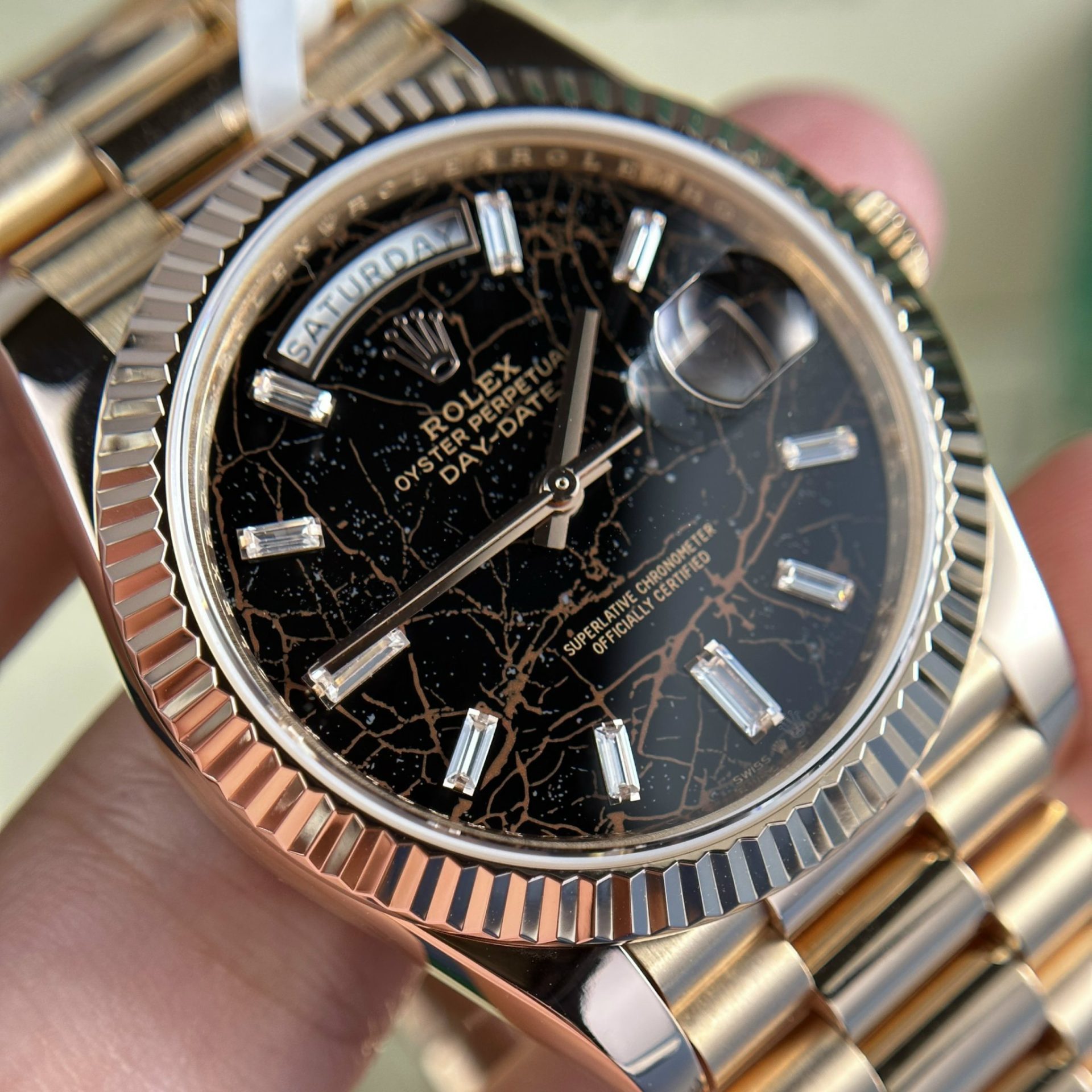 Rolex Day-Date 228235 RG Plated Eisenkiesel Dial CZ Diamonds 40mm Super Clone