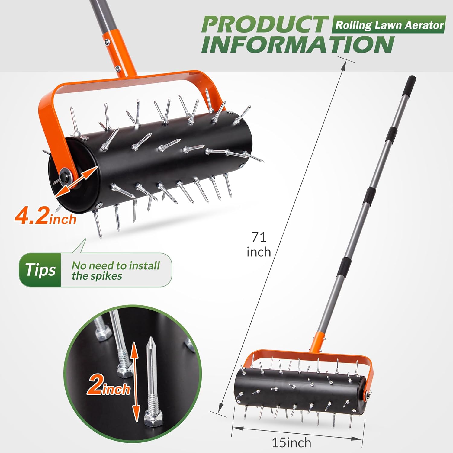 Walensee Rolling Lawn Aerator, Heavy Duty Manual Aerator Tool with 42 Spikes, Lawn Spike Aerator Roller with 71 Adjustable Handle, Soil Penetrator Push Lawn Aeration for Garden Yard Patio
