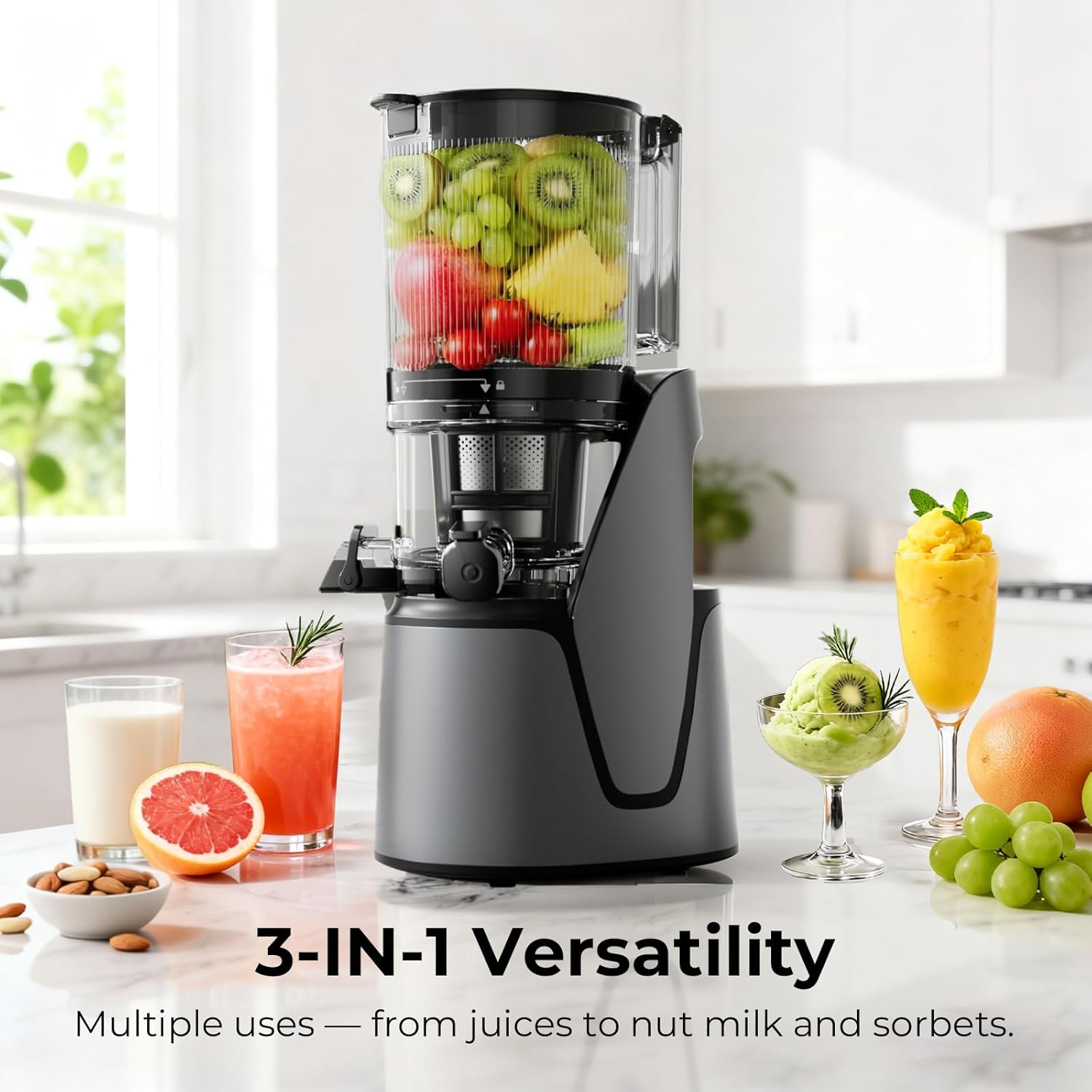 EanOruus Juicer Machines, 3-in-1 Cold Press Juicer with 6.5 Extra Large Chute, 100oz Large Capacity, AC Motor, Makes Juice, Nut Milk & Sorbet, Premium Gray