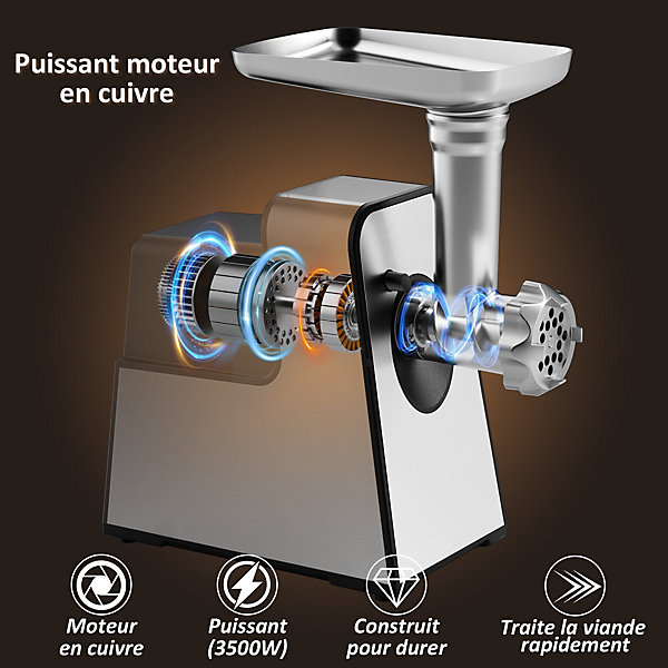 Hachoir à viande électrique, 4 en 1, avec 3 plaques de broyage en acier inoxydable (4 mm, 8 mm, ventilateur) et 3 lames, 3500 Watt