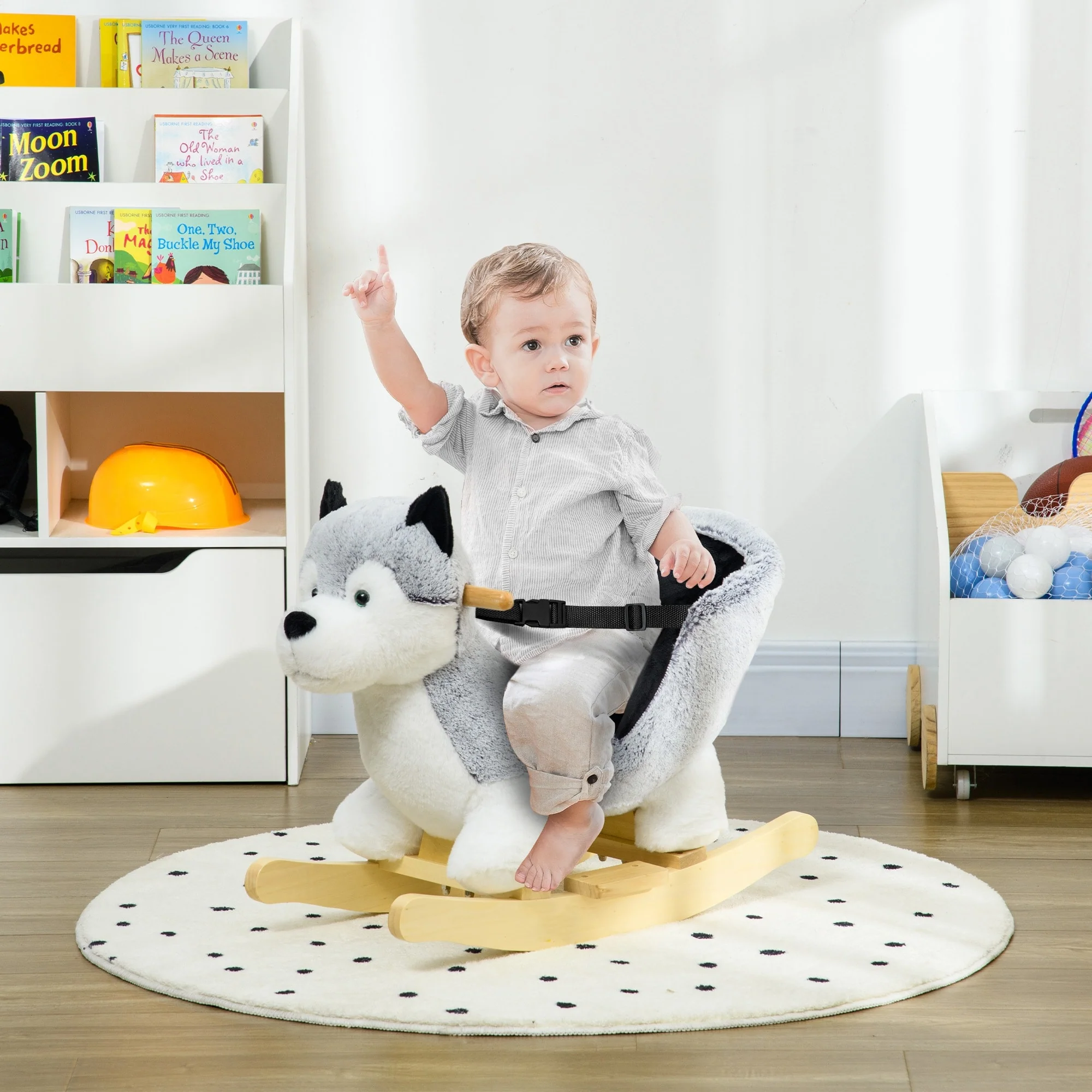 Qaba Wooden Rocking Horse, Husky Themed Rocking Animal for Baby, Animal Rocker Ride-On Toy for Kids 18+ Months