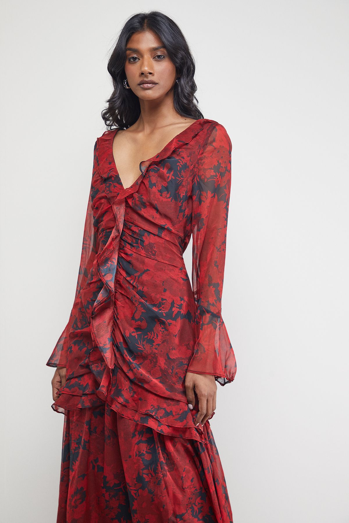 Warehouse Chiffon Ruffle Gathered Bodice Midi Dress