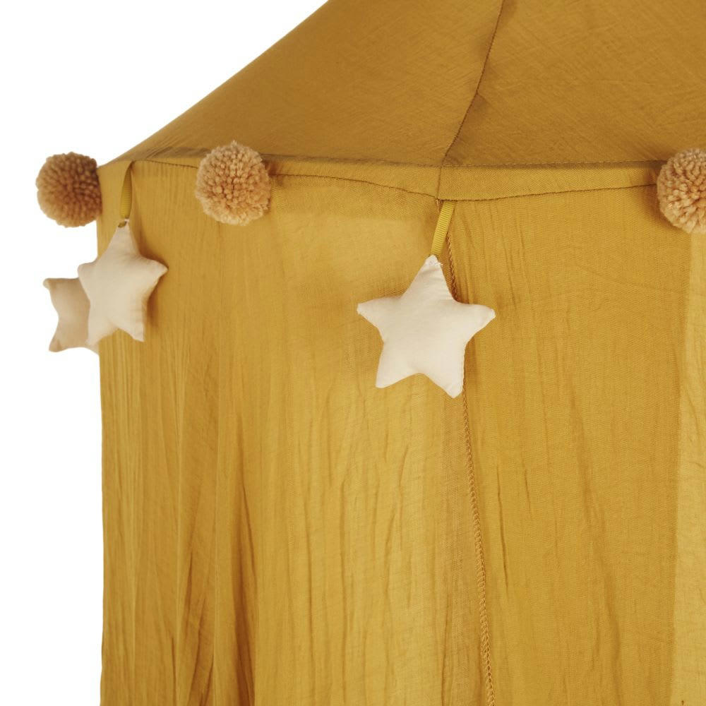 MINI JUNGLE - Ciel de lit jaune moutarde suspensions étoiles et pompons