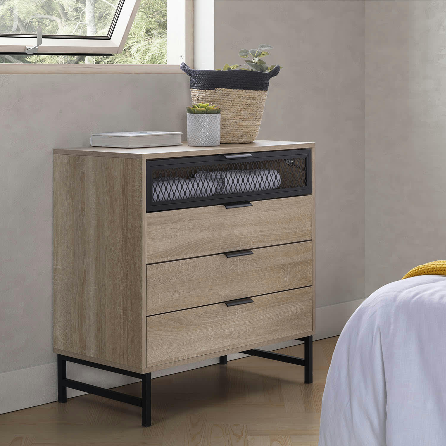 HERA - Commode de nuit 3 tiroirs 1 porte coloris bois