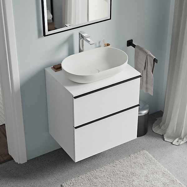 Meuble sous vasque suspendu MDF Blanc mat, plan vasque Blanc mat, poignée Noir mat - 60x46x62cm - LAVOA