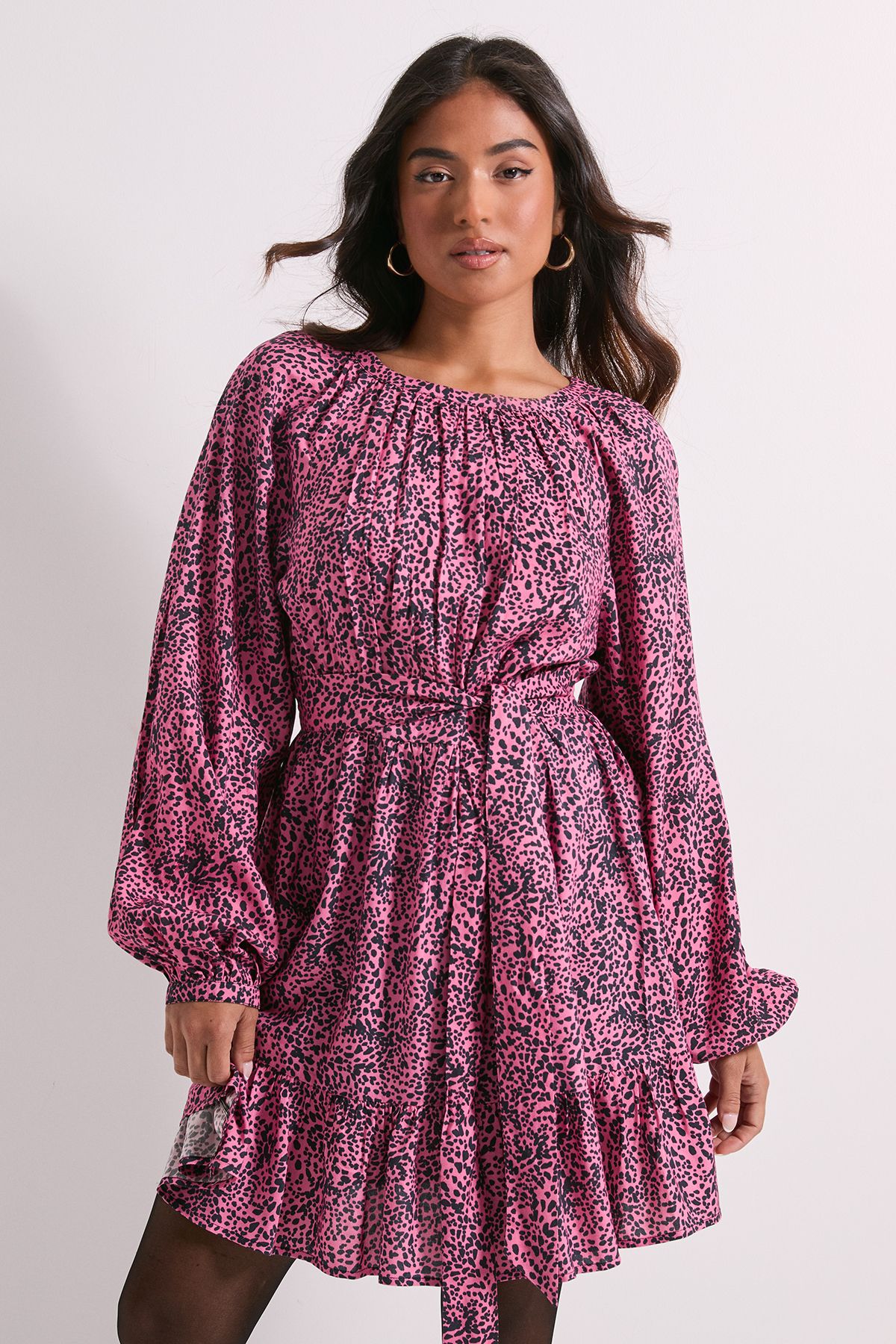 Dorothy Perkins Petite Pink Animal Printed Blouson Sleeve Mini Dress