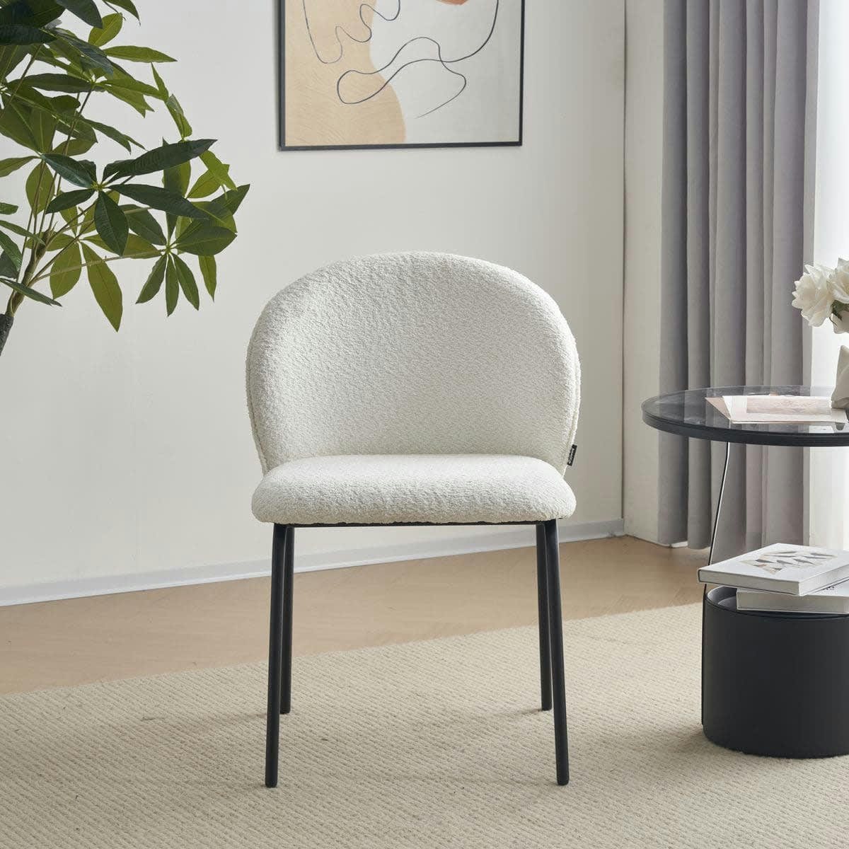 NOÉ - Lot de 2 chaises de salle à manger en tissu bouclette écru