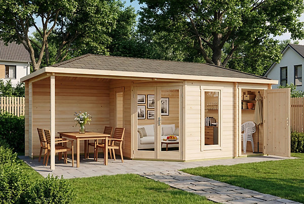 Abri de jardin pentagonal Liwa avec annexe Alpholz, 73x32m dim ext (cas échéant incl débord de toit) naturel, 28mm, 23,1m² totale