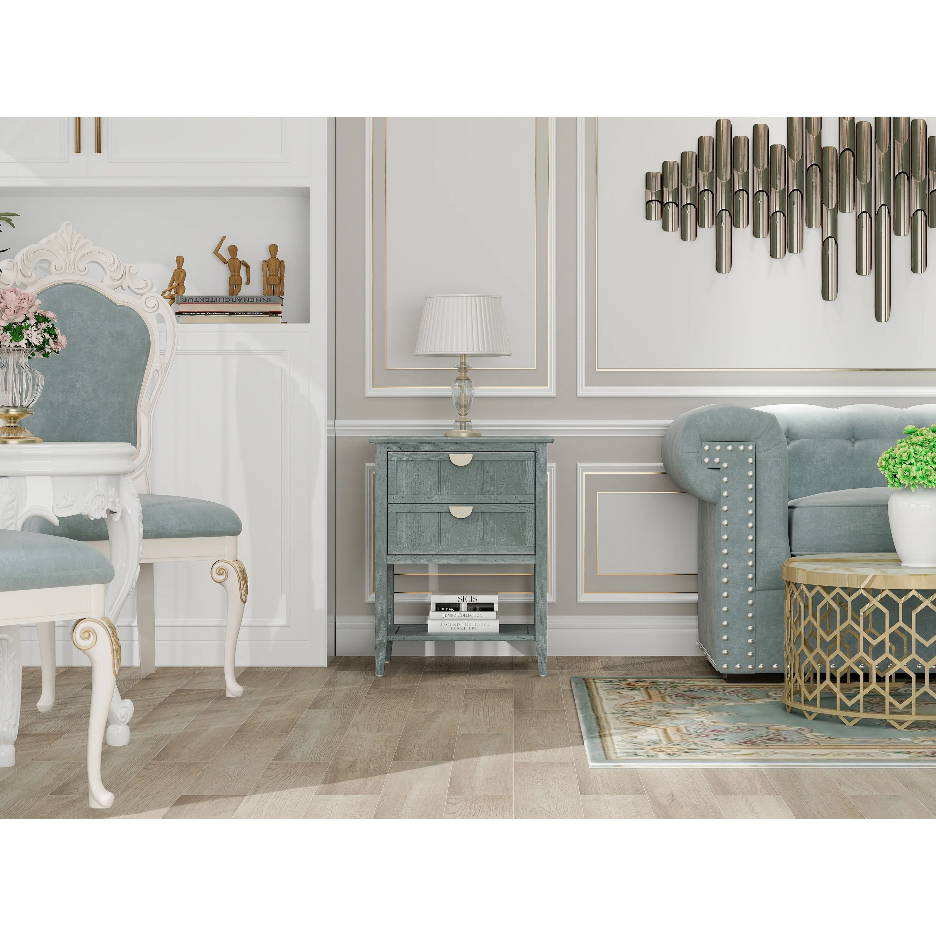 American Style 2-Drawer Bachelors Chest with Golden Handle, Side Table, End Table, Suitable for Bedroom, Living Room