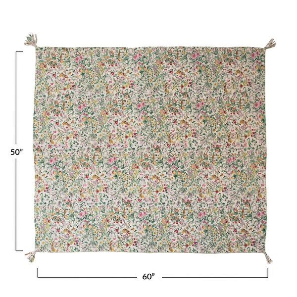 Quilted Cotton Throw with Floral Pattern, Kantha Stitch and Tassels