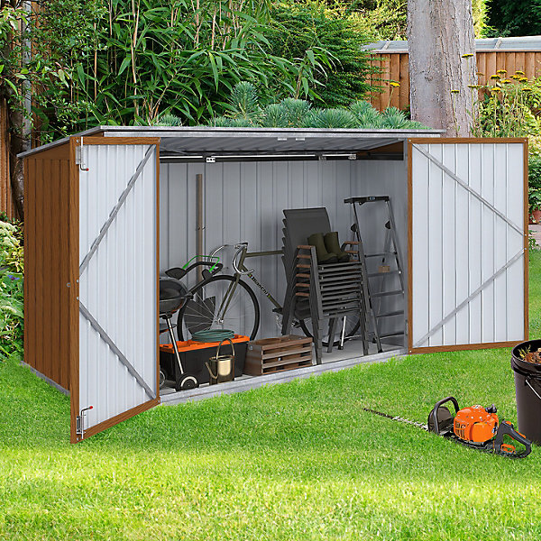 Abri de jardin en métal effet bois verrouillable multi-rangement pour stockage vélos, outils, poubelles