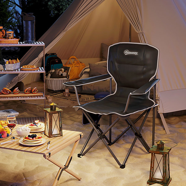 Chaise de camping pliante rembourrée - porte-gobelets, poches latérales rangement - sac transport inclus - noir