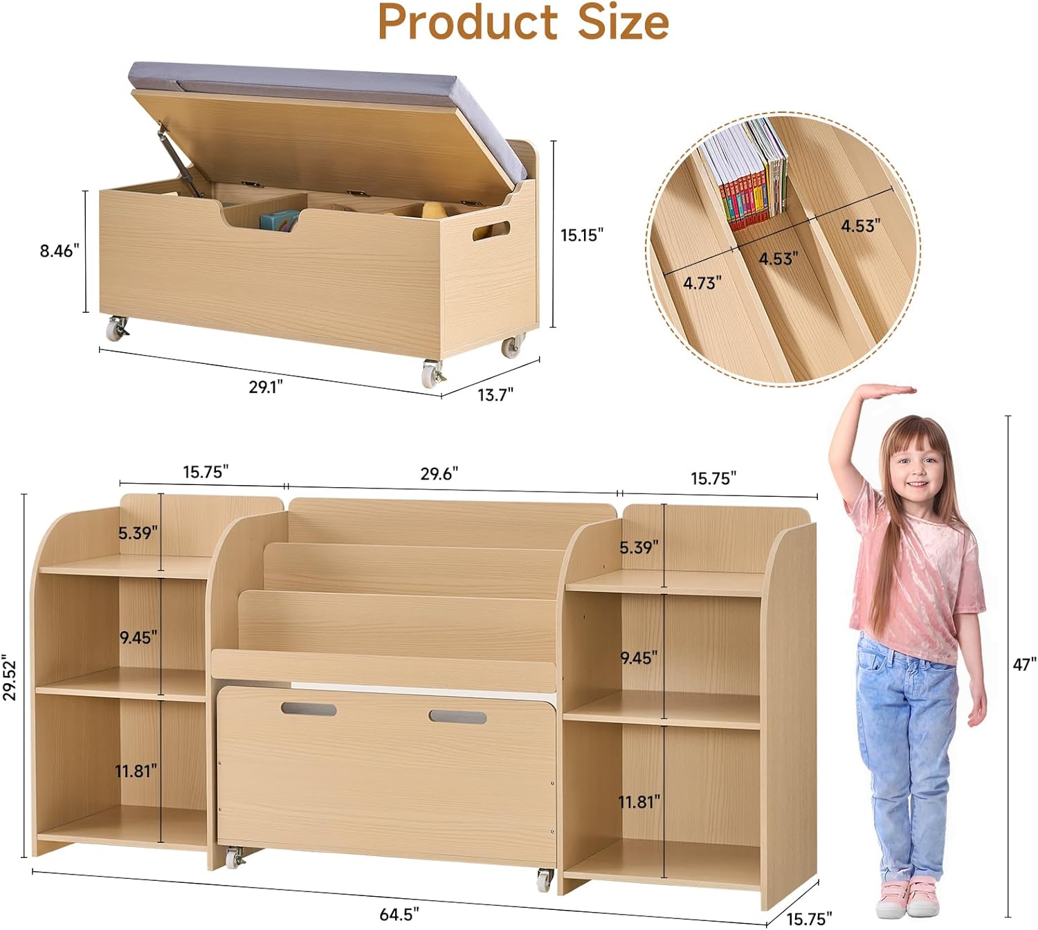 ONBRILL Kids Bookshelf with Reading Nook, 64.5 Toy Storage Organizer with Movable Bench with 3 Storage, Kids Bookcase with 3-Tier Bookshelf, 6 Storages Cubbies, Toy Box & Chest for Bedroom, Playroom