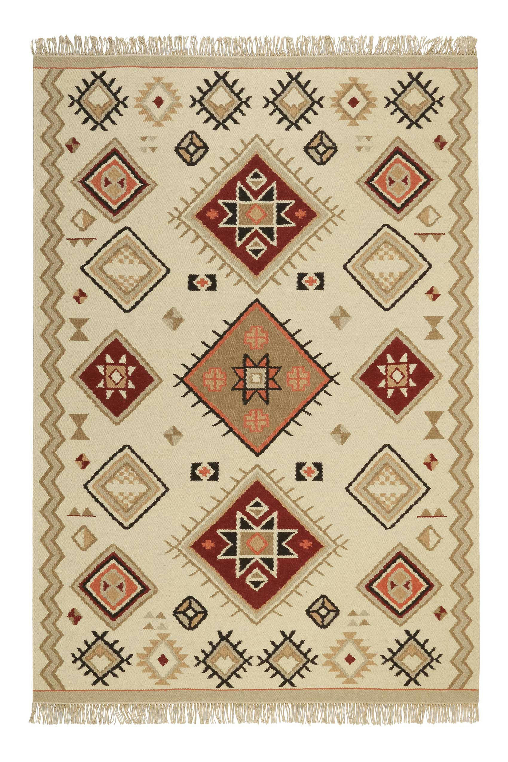 BRIONNE - Tapis ethnique tissé main laine et coton tons de brun/beige 200x290