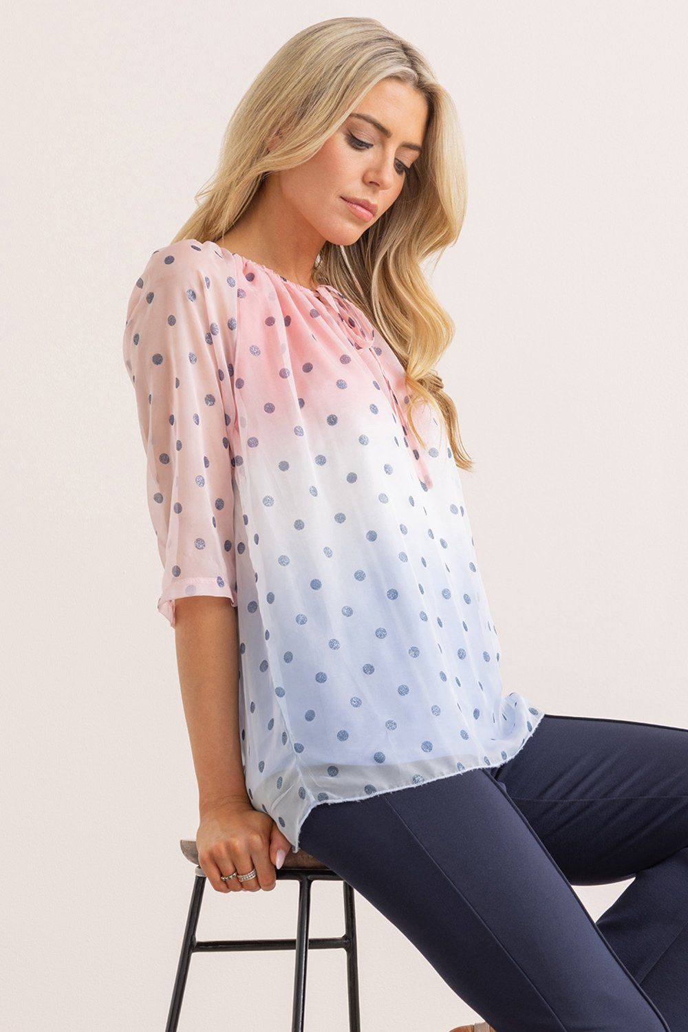 Klass. Ombre Spotty Tie Neck Top