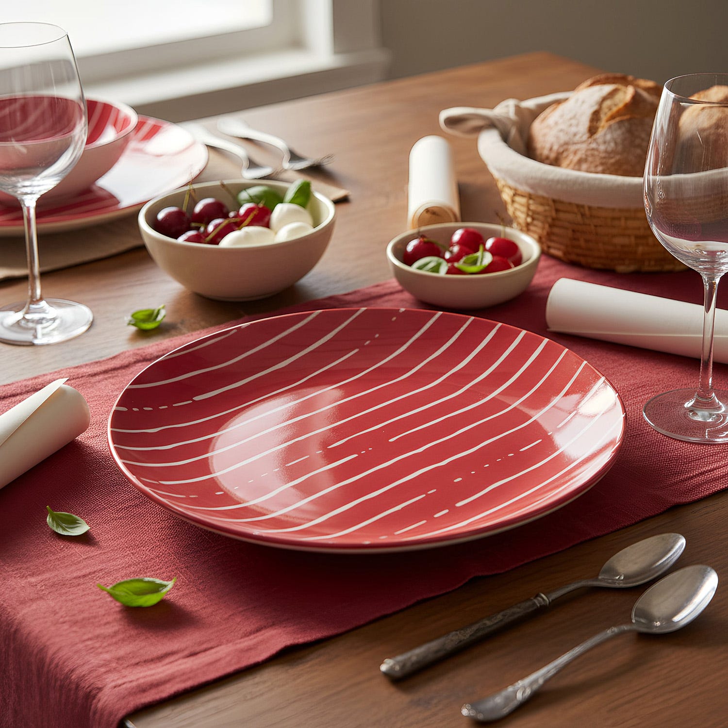Piatto frutta rosso righe bianche porcellana Mix e Match