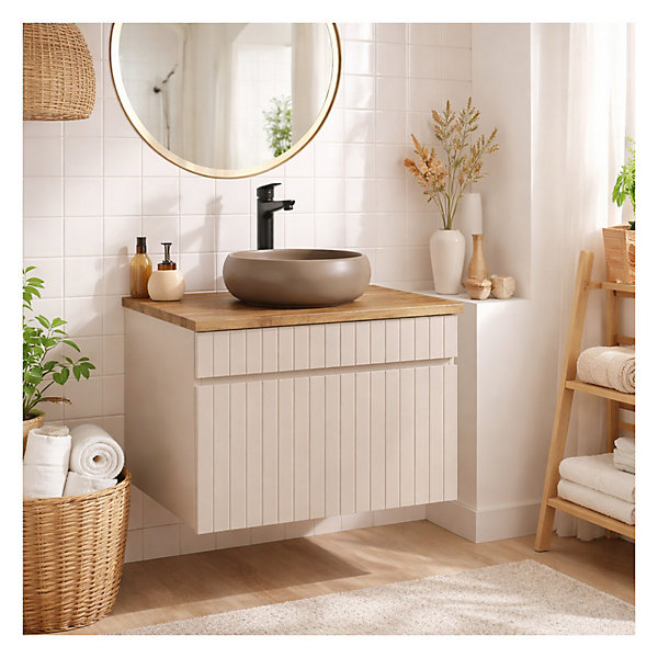 Ensemble de salle de bain ICON : meuble sous vasque 60cm cachemire et plan pour vasque aspect bois