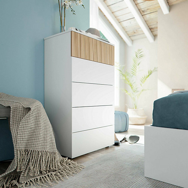 Commode Wynne, commode à 5 tiroirs, commode pour la chambre, commode moderne, 61x40h109 cm, blanc et chêne