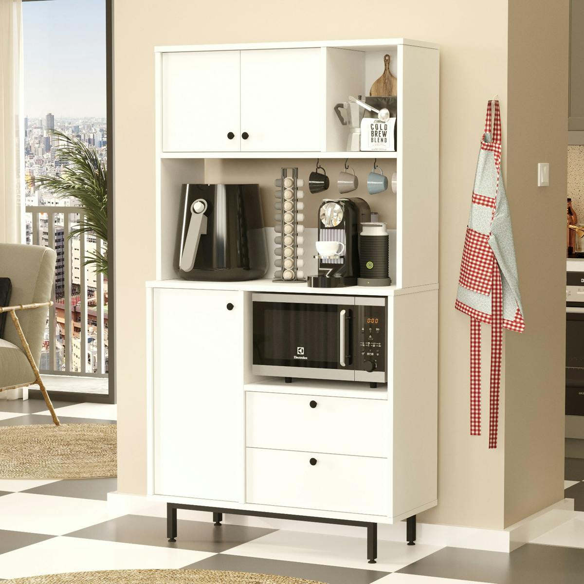 Buffet cuisine blanc niches micro-ondes et cafetière JENA