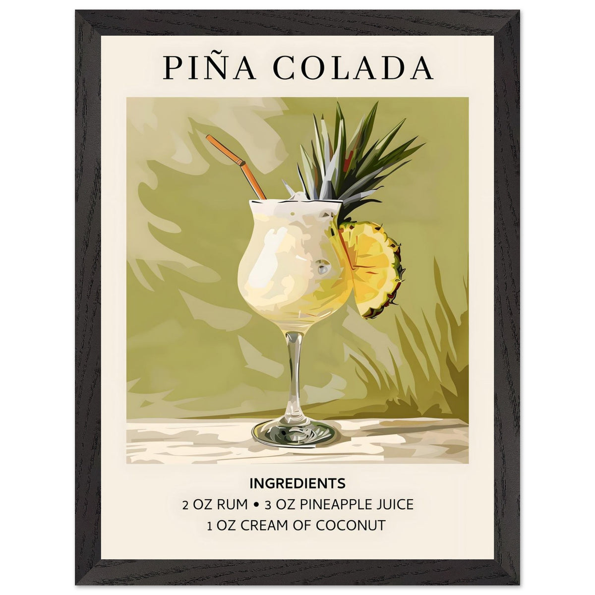 Artfulprints Poster met Lijst Piña Colada cocktail - Ingrediënten  - 30x40 cm - Groen
