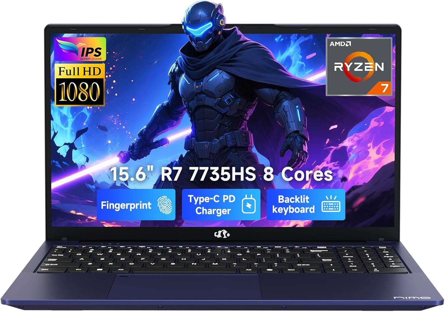 NIMO 2025 Gaming Laptop  15.6 FHD Laptop with AMD R7 7735HS (Beat i7-12650H  Up to 4.75GHz)  16GB DDR5 RAM 512GB SSD Computer with Radeon 680M 100W Type-C Backlit KB Fingerprint