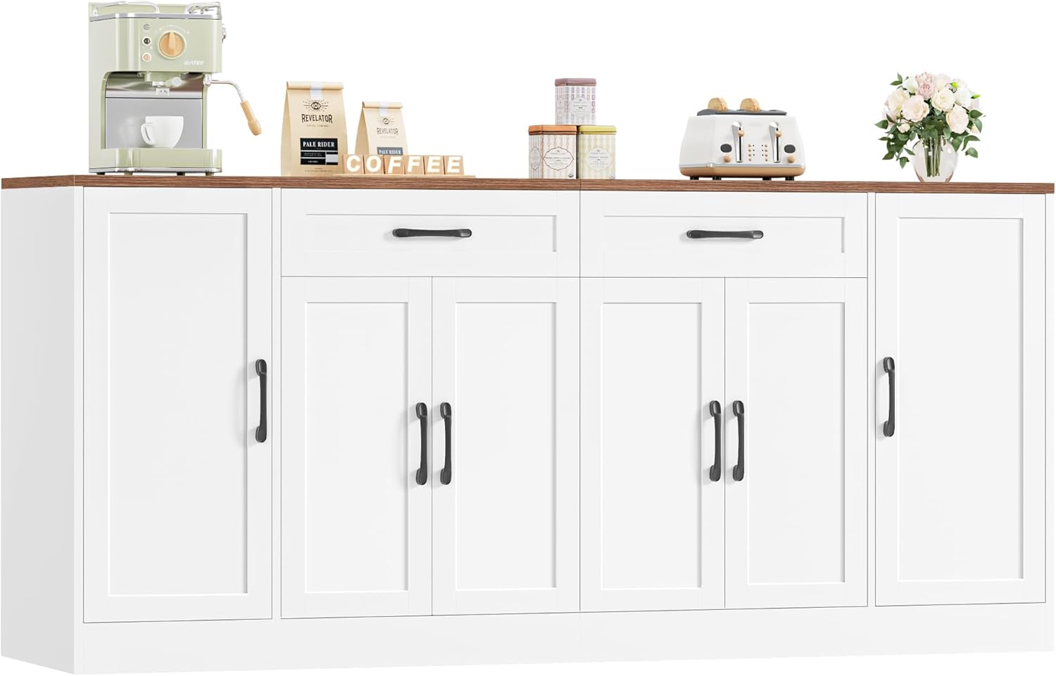 71” Large Buffet Cabinet with Storage, Sideboard Buffet Cabinet with Adjustable Shelves and 6 Soft-Close Doors, Wood Coffee Bar Console Table for Kitchen, Dining Room, White
