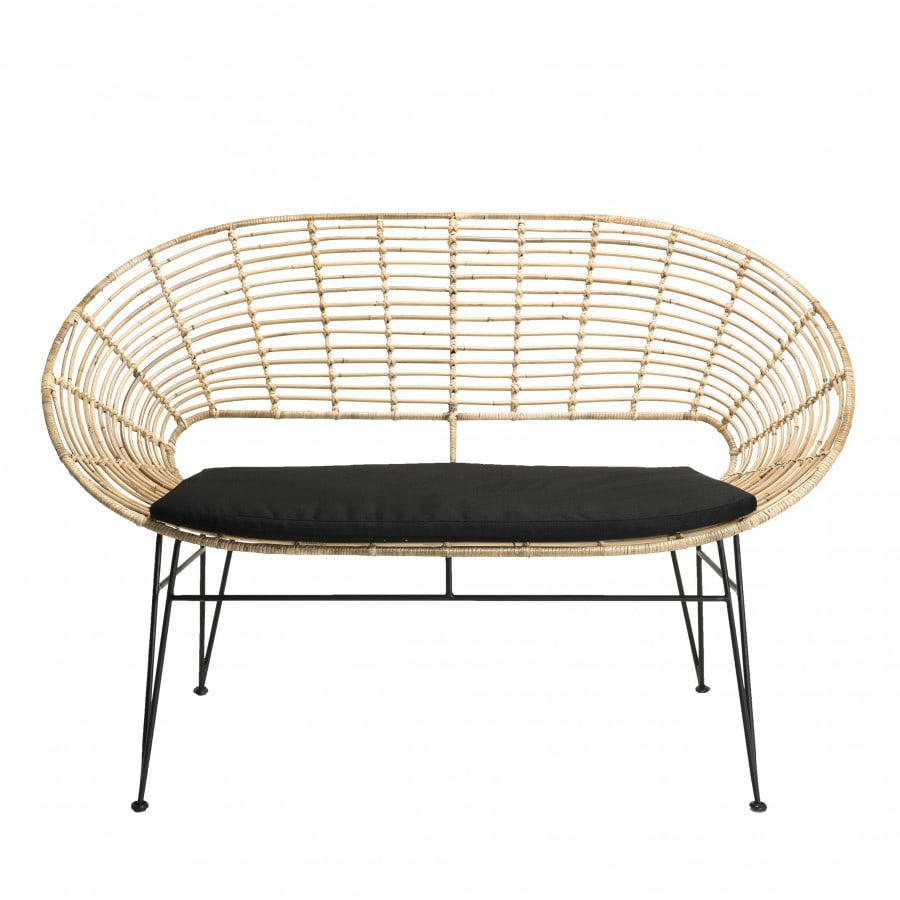 CHLOE - Canapé 2 places en rotin naturel coussin noir pieds en métal