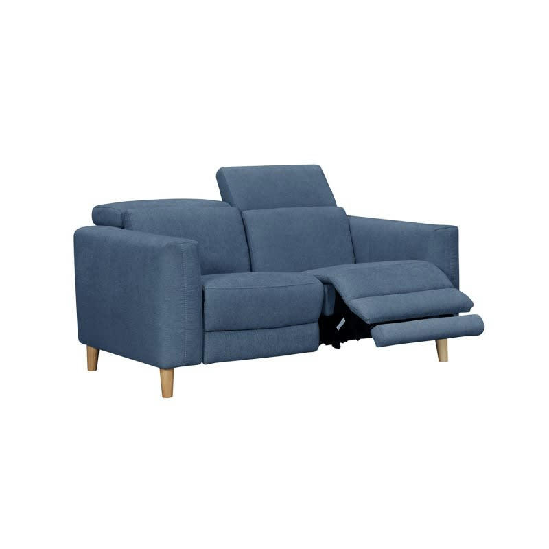 POLO - Canapé relaxation 2 places en tissu bleu et pieds bois