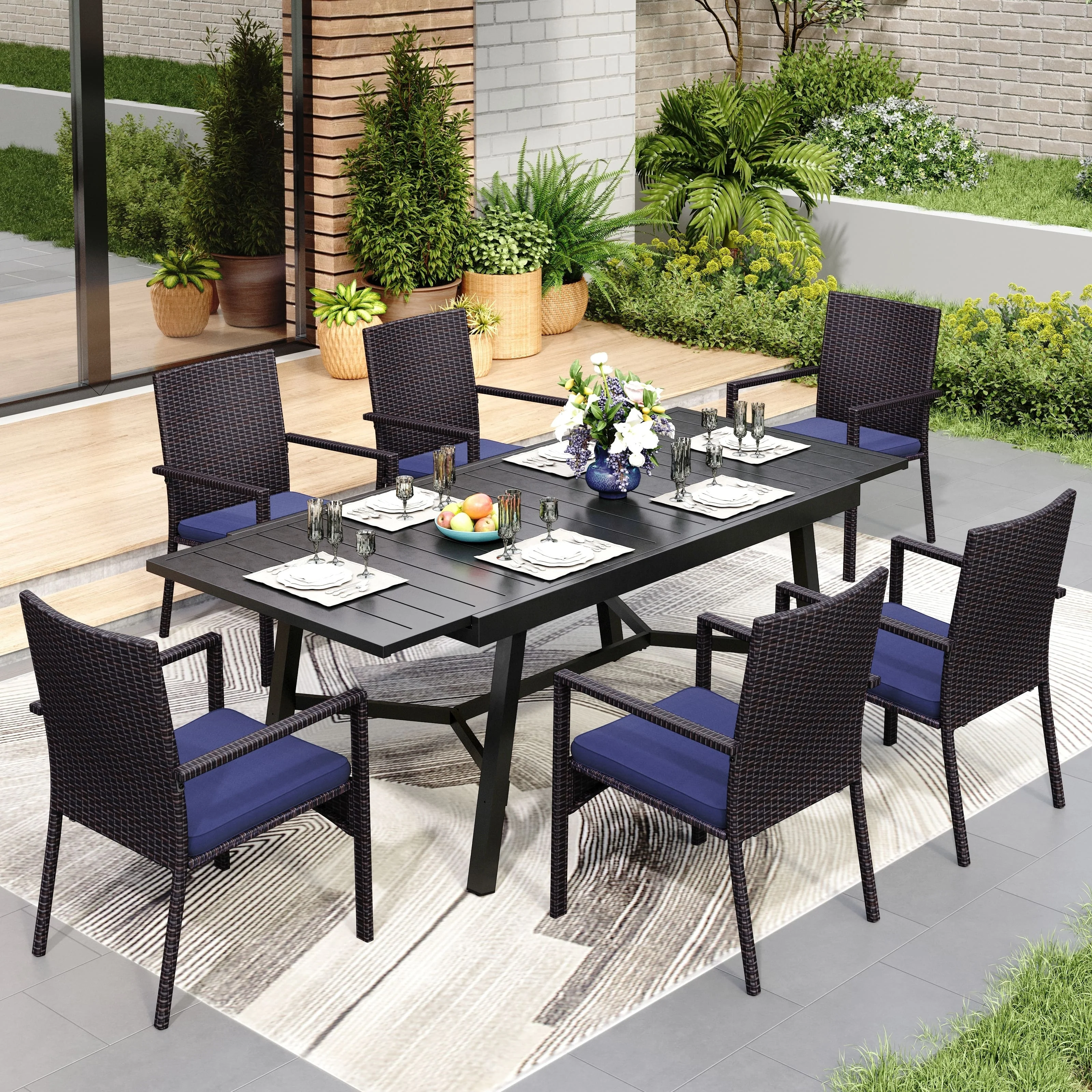 MAISON ARTS 7/9-piece Patio Dining Set, Expendable Rectangular Outdoor Dining Table with Rattan Chairs